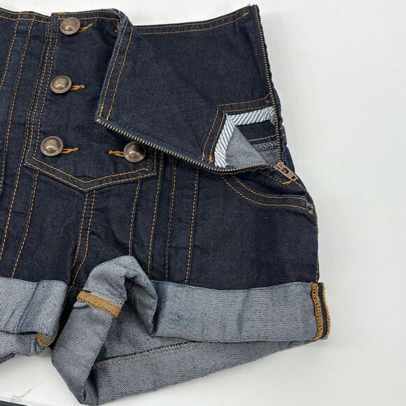 Miss Selfridge UK High Waist Stretch Denim‎ Button Shorts Side Zip Dark Blue 0 - Picture 3 of 9